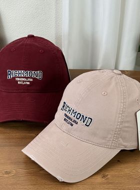 日系水洗做旧鸭舌帽中性款式男女可戴复古软顶棒球帽复古字母印花