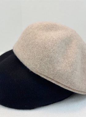 日系简约纯色羊毛呢正反戴前进帽秋冬复古简约贝雷帽大头围显脸小