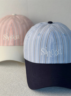 新款条纹拼色甜美软顶棒球帽sinoon字母刺绣学院风时尚百搭鸭舌帽