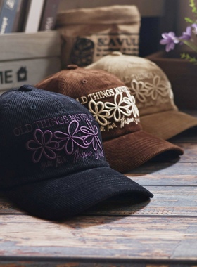 2025早秋新款灯芯绒花朵刺绣棒球帽女宽帽檐软顶显脸小情侣鸭舌帽