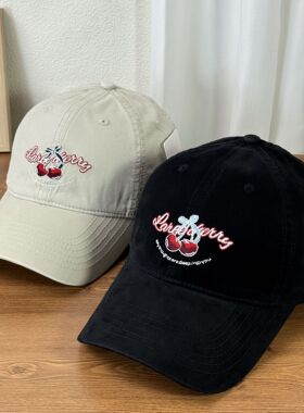 2026新款刺绣樱桃鸭舌帽大头围宽帽檐显脸小加深硬顶帽棒球帽女款