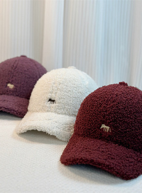 2025新款小狐狸刺绣羊羔毛棒球帽子女秋冬季加绒加厚保暖鸭舌帽潮