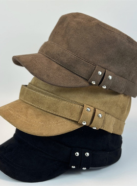 秋冬复古大头围麂皮绒平顶鸭舌帽女韩版时尚文艺防晒平顶马术帽潮