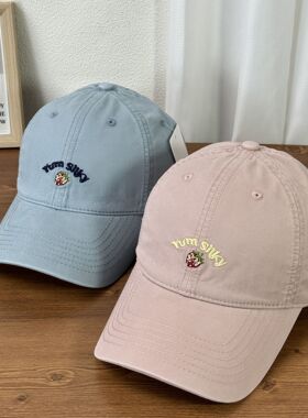 韩版春夏草莓卡通刺绣水洗磨毛棒球帽女时尚百搭显脸小软顶鸭舌帽
