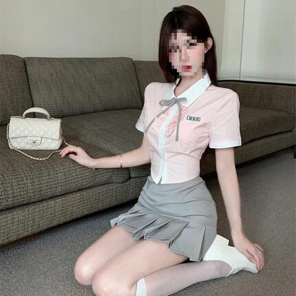 单/两件套韩系JK制服欲学院风套装女设计感甜美粉衬衫灰百褶裙