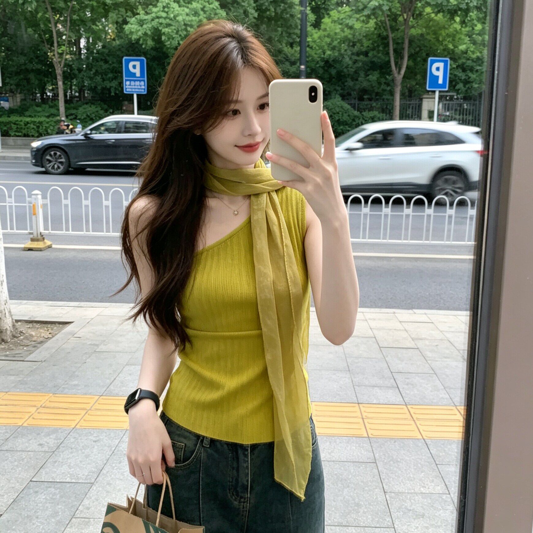 辣妹挂脖网纱飘带针织背心女夏季韩系漂亮修身无袖斜肩设计感上衣