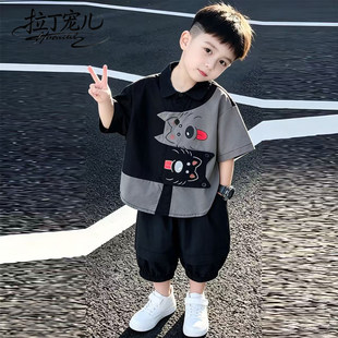 痞帅中小童夏装套装2026新款儿童夏季短袖衬衫男孩潮帅气时髦衣服