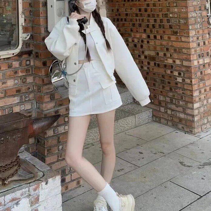 韩版棒球服短款外套短裙两件套春秋新款港风女时尚小个子夹克套装