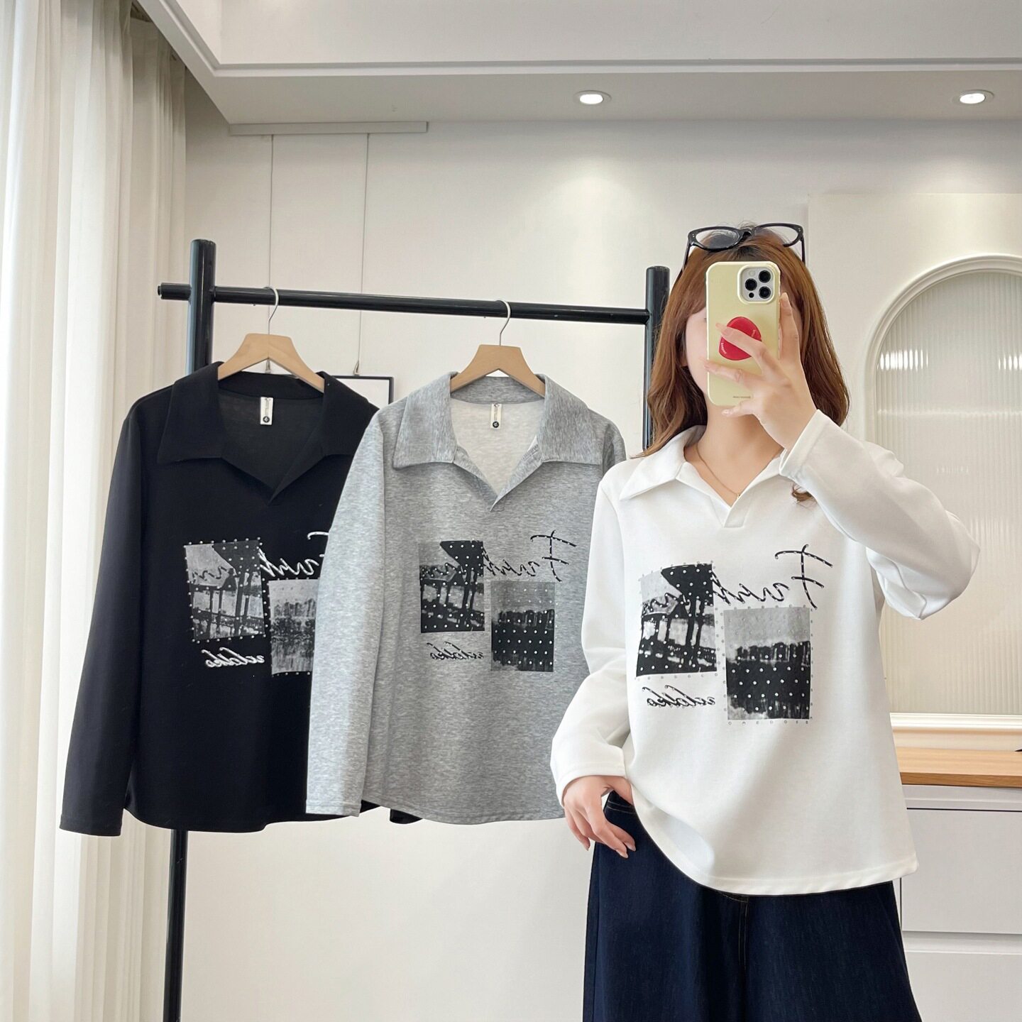 大码时尚卫衣女胖mm秋装2026年新款翻领印花宽松休闲长袖上衣8826