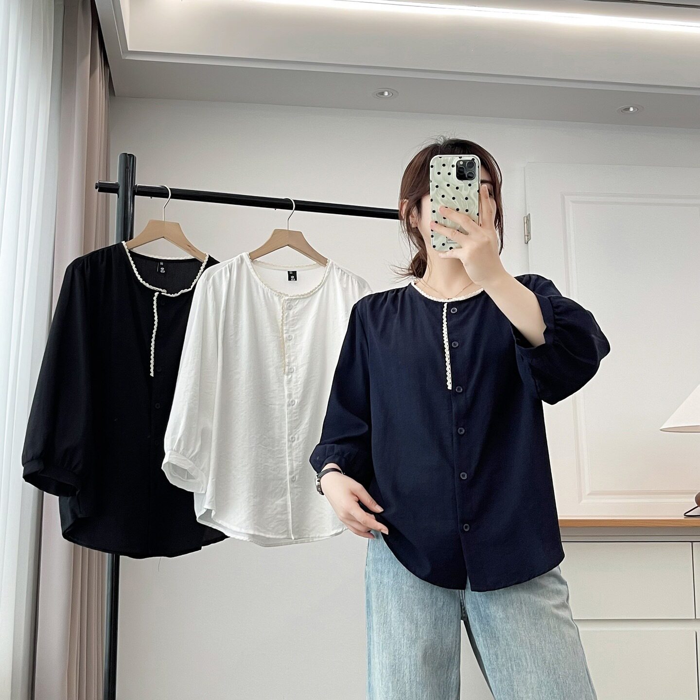 七分袖衬衫女大码2025年早秋新款胖mm200斤蕾丝花边宽松上衣954