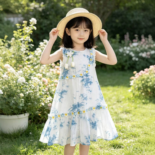 儿童扎染背心连衣裙夏季儿童森系碎花小雏菊花边公主裙扎染连衣裙