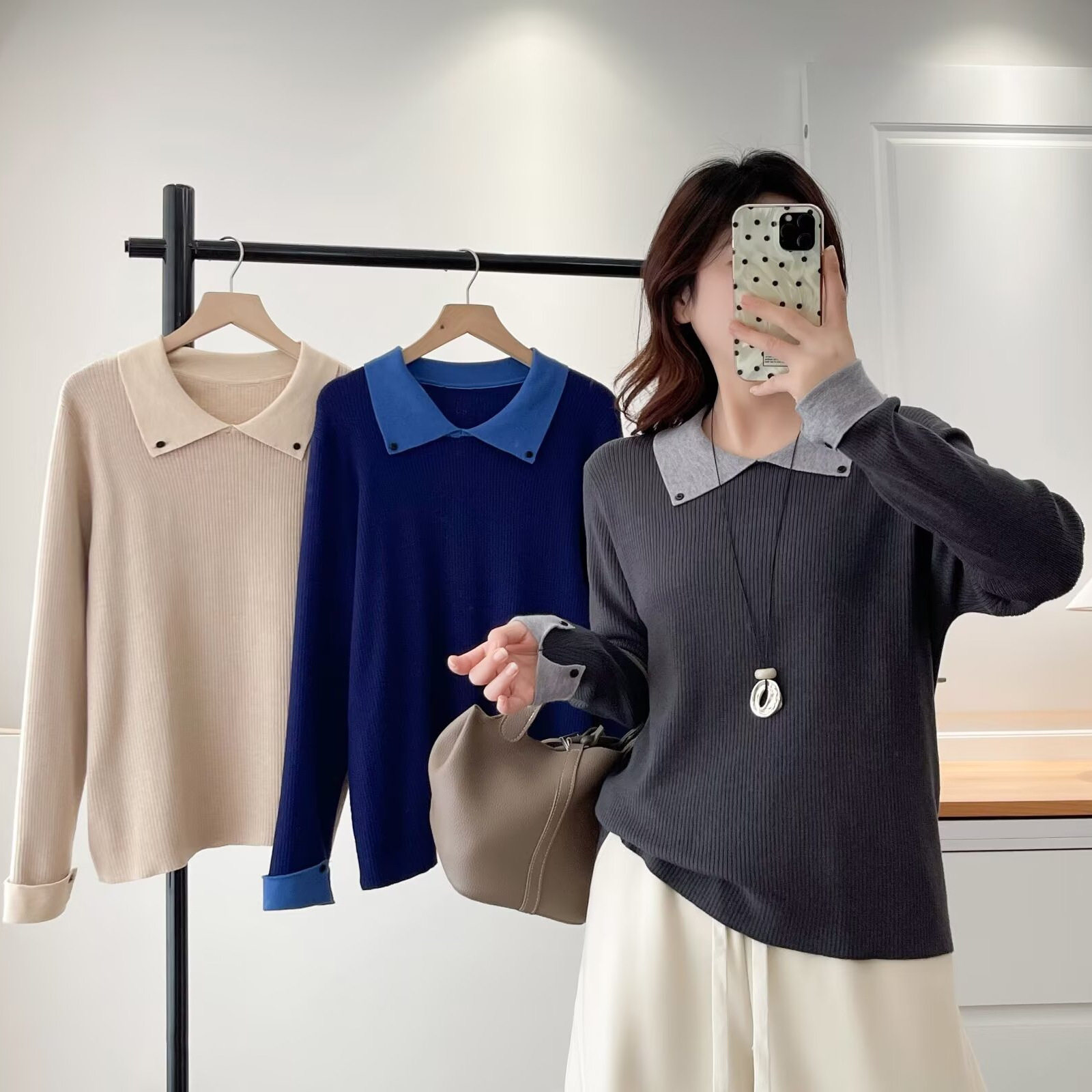 针织衫女2025新款大码秋冬胖mm显瘦拼色翻领套头正肩打底毛衣9976