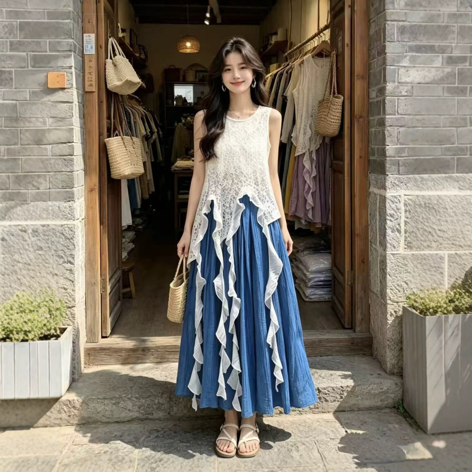 新款女夏季无袖蕾丝拼接长裙套装文艺度假风宽松大摆连衣裙