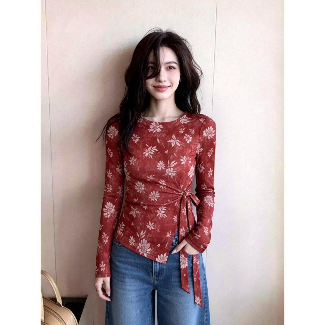 红色双层网纱修身长袖印花T恤女夏薄款抽绳收腰绑带防晒罩衫上衣