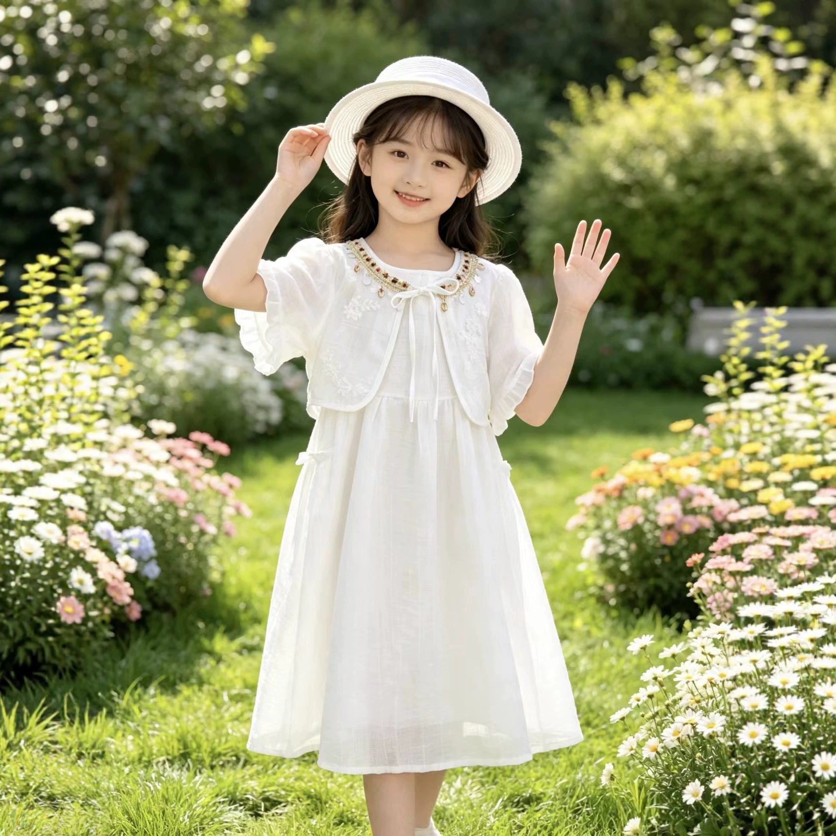 女童白色假两件连衣裙夏季韩系女童泡泡袖公主裙度假拍照连衣裙