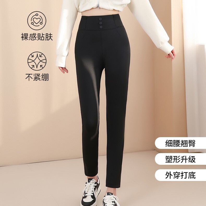秋冬新品高腰黑色女裤弹力大码加绒打底裤外穿紧身九分运动瑜伽裤