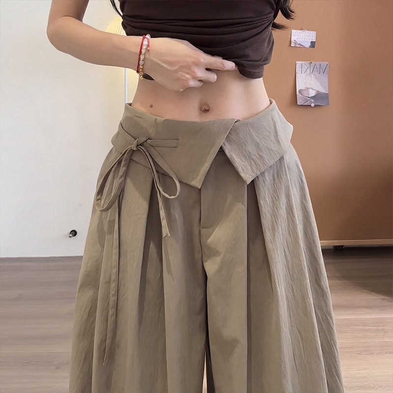 卡其绑带屁帘裤子女夏薄款高腰垂感设计感阔腿裤小个子显瘦休闲裤