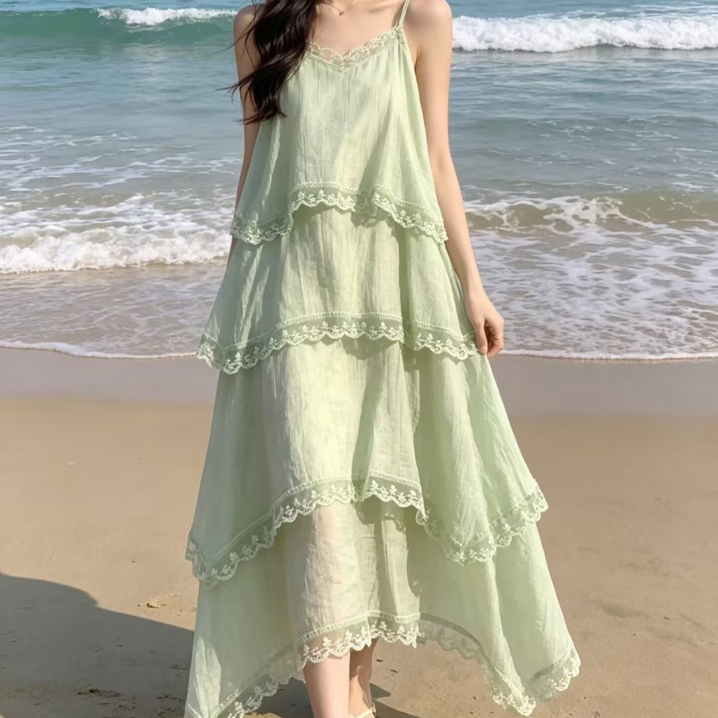跨境好货 夏季宽松法式吊带蕾丝新款连衣裙大码女蛋糕 白色可扎染