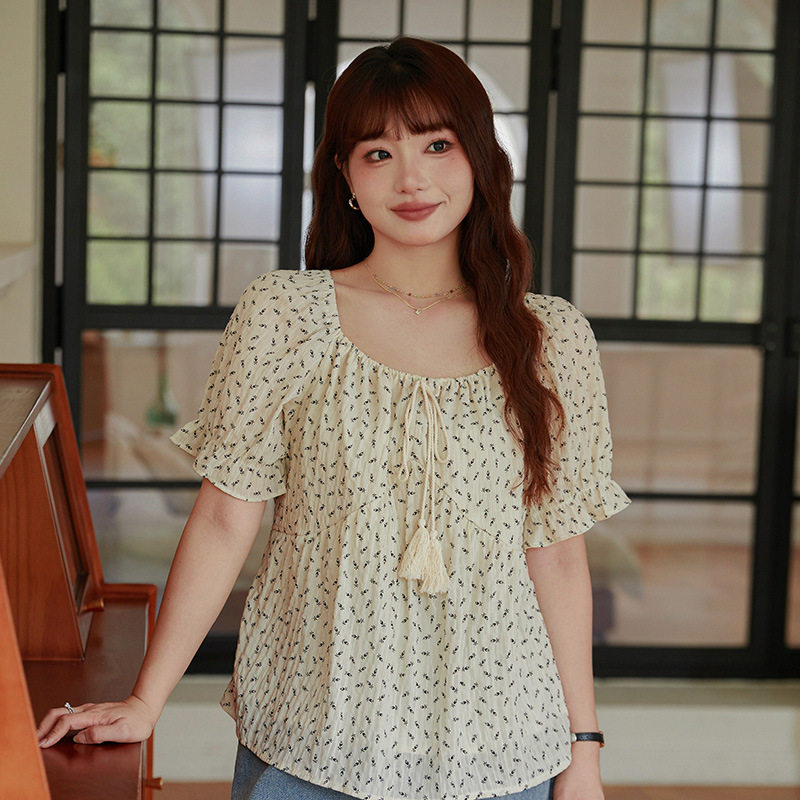 大码碎花上衣夏装甜辣宽松遮肚子雪纺衬衫200斤胖mm女度假风3405
