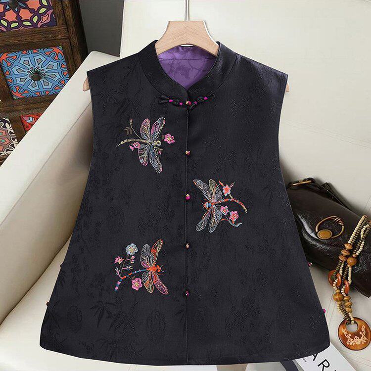 新中式国风刺绣高端丝绒夹棉马甲女装2026春季新款黑色两面穿棉袄