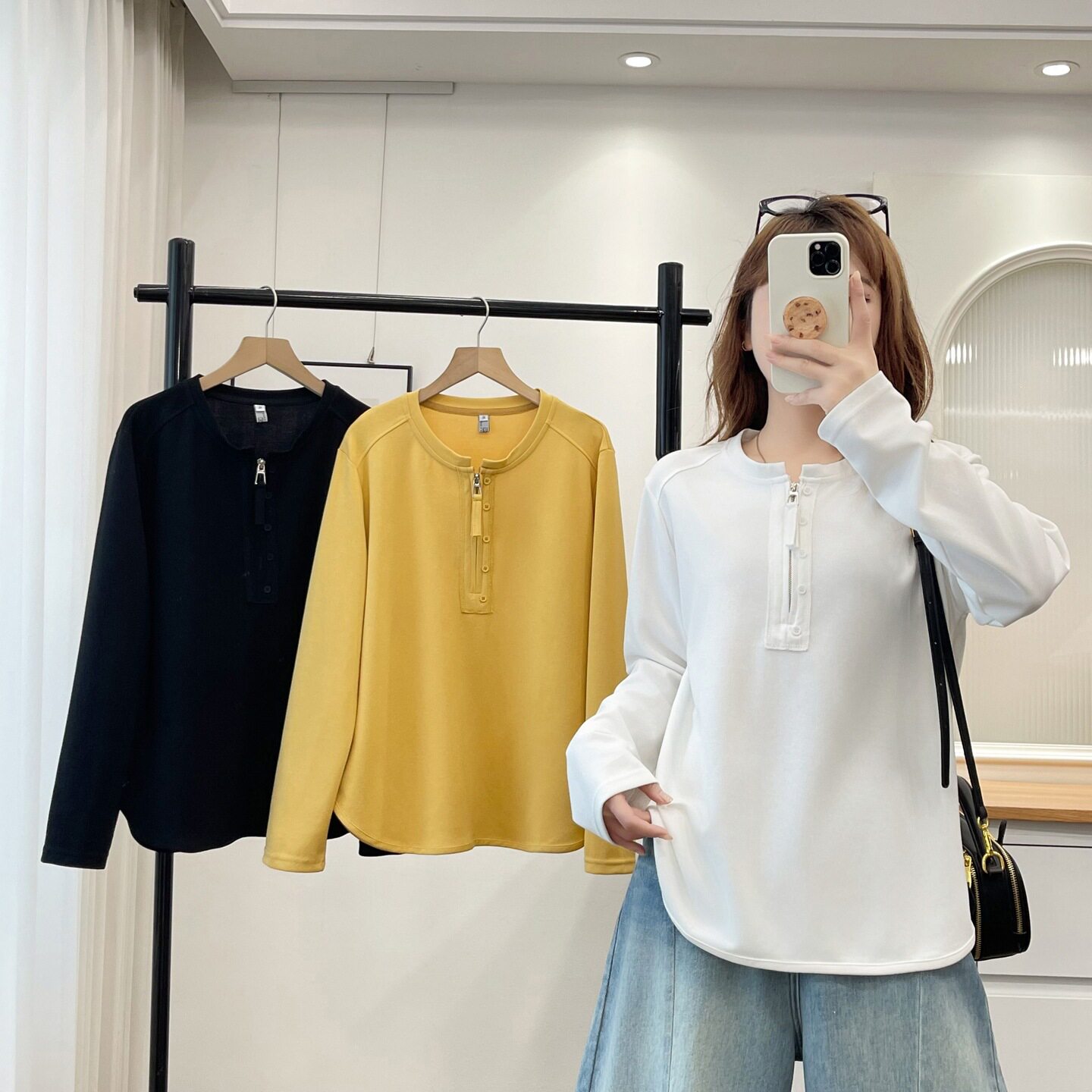 胖妹妹秋装长袖t恤女2026大码200斤半拉链显瘦正肩打底衫上衣2612