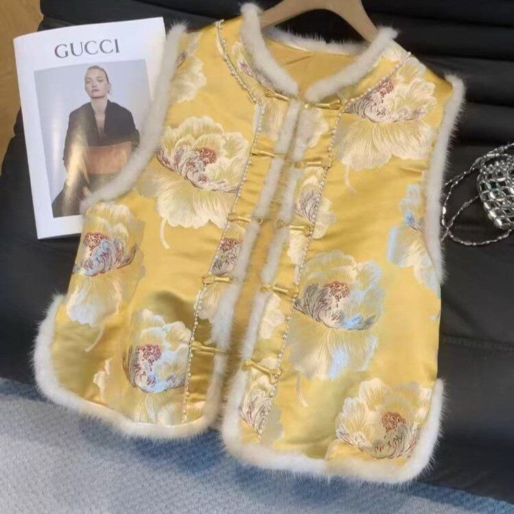 新中式提花夹棉马甲女2025秋冬新款马夹国风盘扣坎肩上衣背心外套