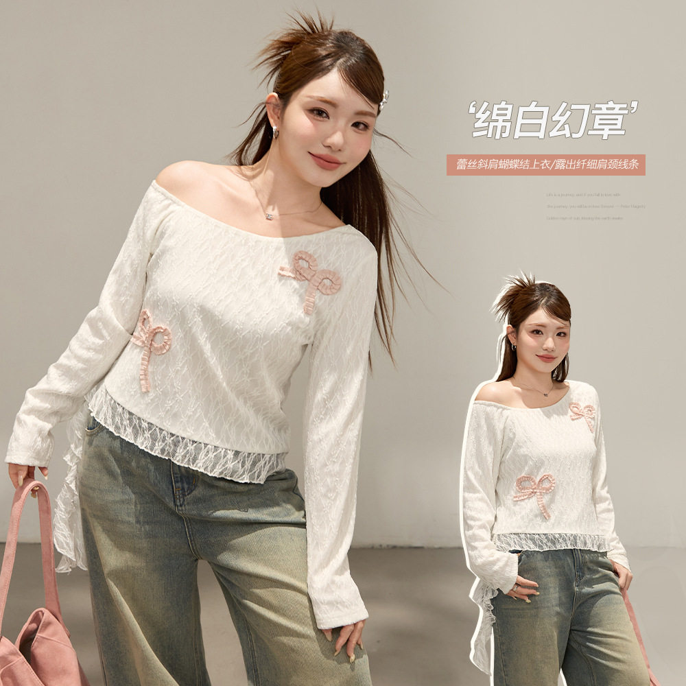 韩版斜肩设计蝴蝶结飘带针织衫女胖mm大码女装显瘦上衣小衫66028