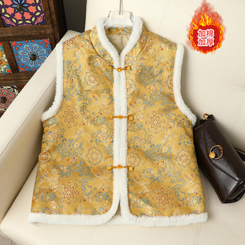 新中式国风夹棉马甲女秋冬新款加棉加厚复古坎肩背心盘扣提花马夹