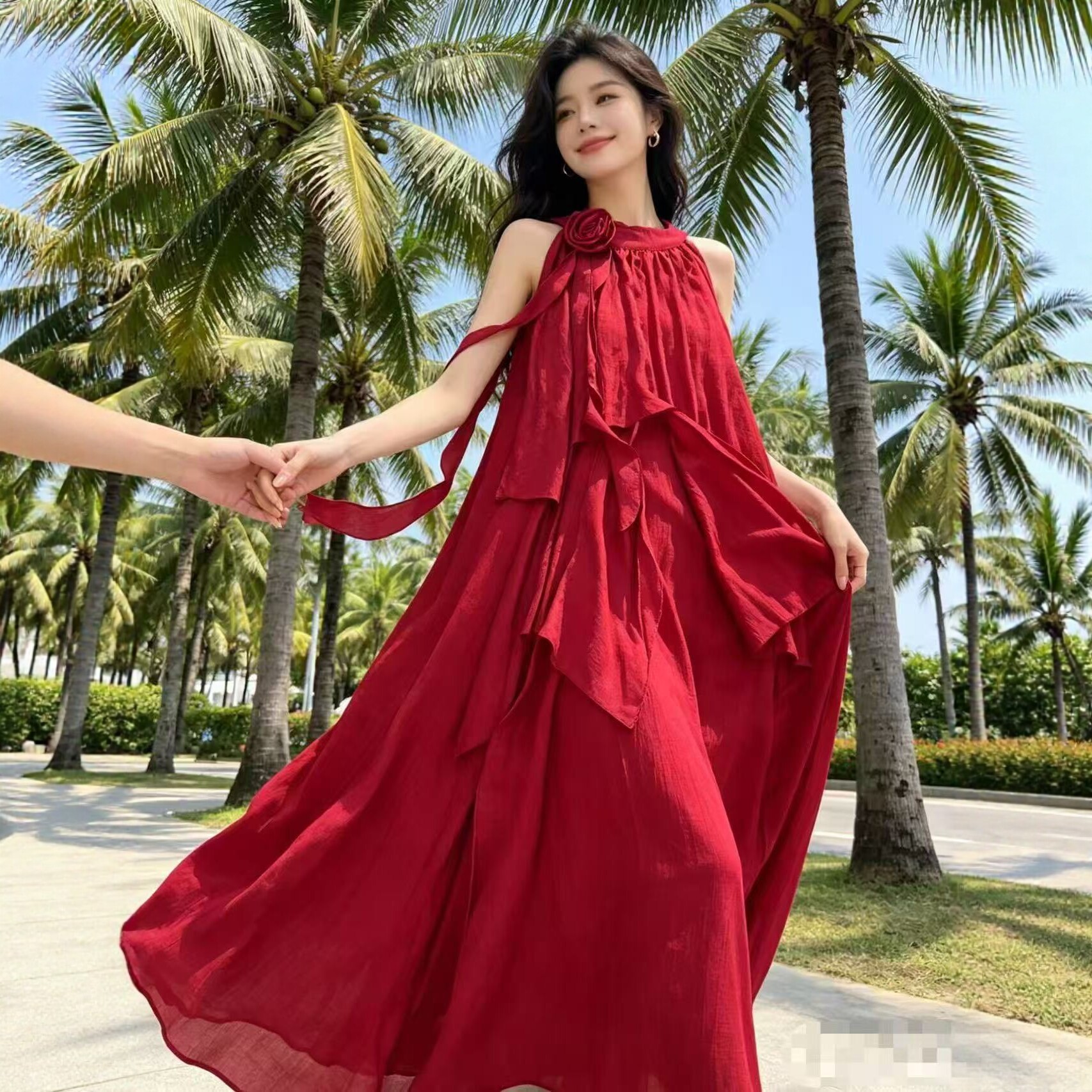 挂脖吊带长裙女海边度假风连衣裙氛围感飘逸显瘦法式茶歇裙