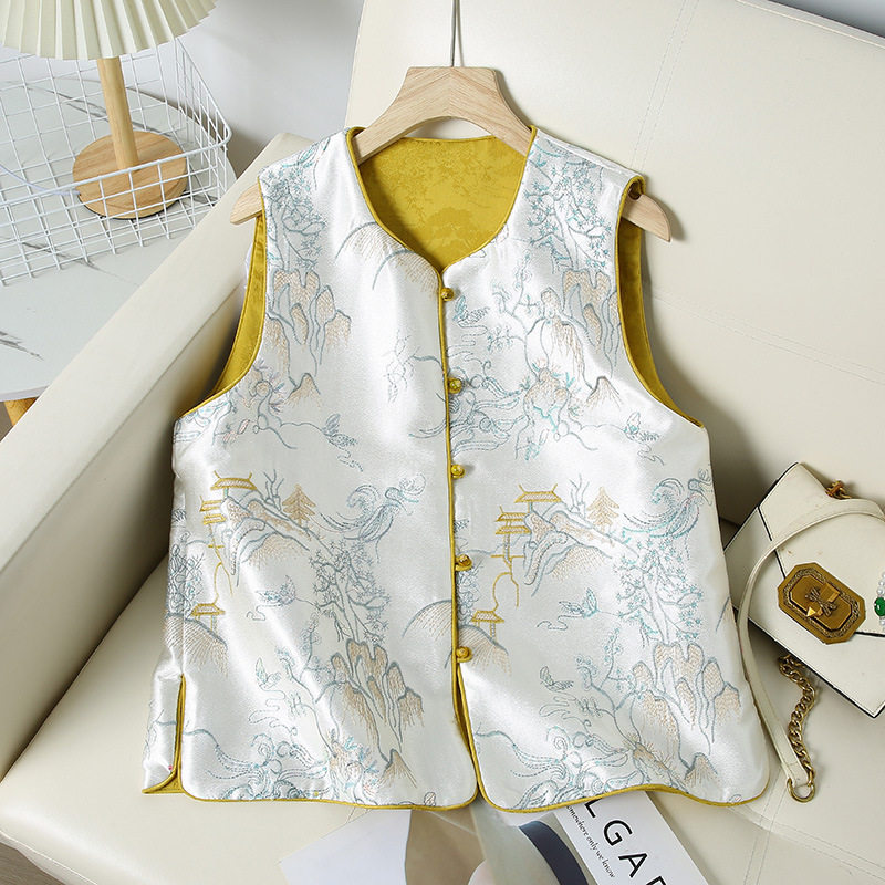 新中式国风刺绣两面穿马甲女2025春秋新款提花时尚感背心马夹