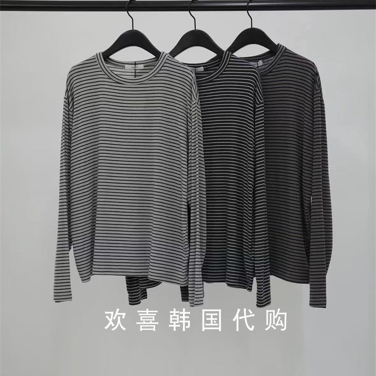 韩国东大门2025秋季新品OBJECT潮流个性圆领细条纹宽松长袖T恤