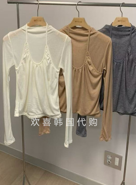 韩国东大门2026春新品BETONE 时尚个性修身显瘦挂脖假两件长袖T恤