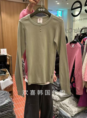 韩国东大门2026春季新品eee 简约时尚显瘦圆领三粒扣修身长袖T