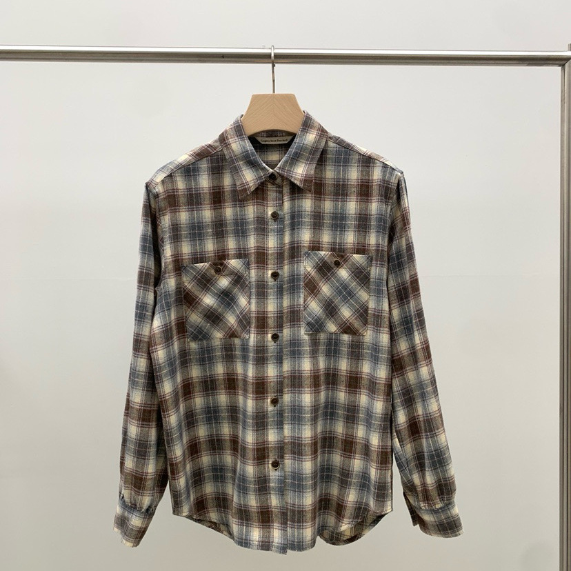 韩国东大门2025冬新款Legacy bone复古百搭翻领系扣格子衬衫