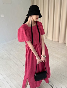 韩国东大门代购 STYLE LOUNGE 棉麻纯色方今飞飞袖连衣裙衣长116