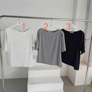韩国东大门2026春新品 oatmeal 百搭时尚气质圆领条纹短袖T恤女