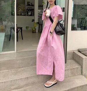 韩国东大门代购 style lounge 棉麻纯色系扣飞飞袖连衣裙