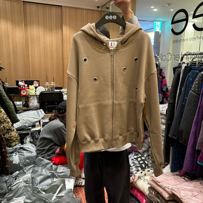韩国东大门2025冬季新款EEE时尚百搭连帽加绒拉链卫衣外套
