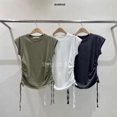 现韩国东大门2025新款SHIRRING设计感个性抽绳褶皱显瘦短袖T恤