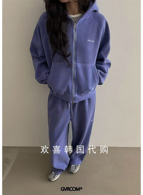 韩国东大门2025冬季新款GVR宽松连帽外套+直筒休闲裤时尚套装