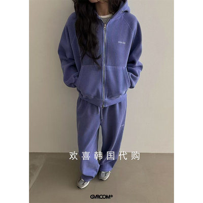 韩国东大门2025冬季新款GVR宽松连帽外套+直筒休闲裤时尚套装