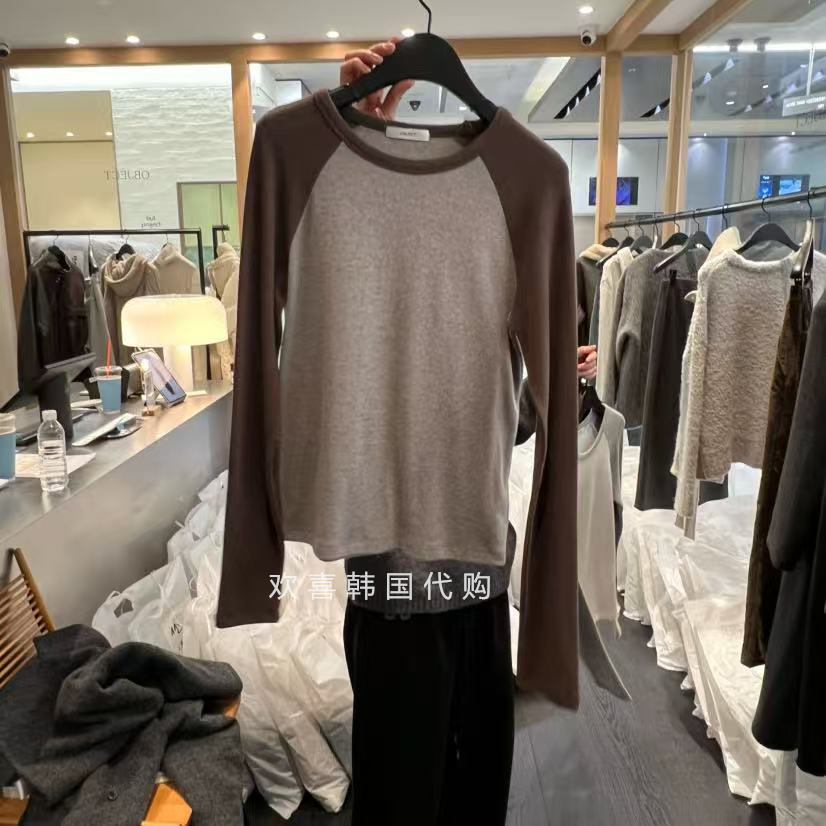 韩国东大门2025冬季新品OBJECT 休闲百搭圆领拼色插肩长袖套头T恤