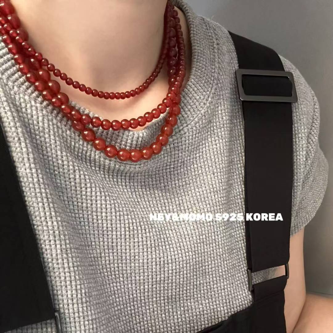 韩国东大门2025冬季新款MOMO时尚百搭红玛瑙串珠项链