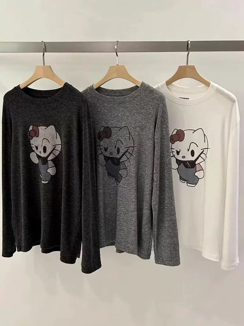 打折 PEBBLE韩国东大门2025春夏新品卡通圆领宽松长袖T恤打底衫女