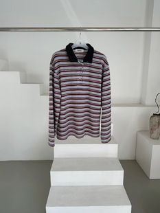 J韩国东大门2025冬季新款oatmeal时尚百搭条纹翻领长袖毛衣上衣t