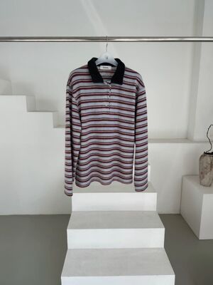 J韩国东大门2025冬季新款oatmeal时尚百搭条纹翻领长袖毛衣上衣t