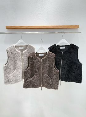 韩国东大门2025冬季新INTRO时尚百搭圆领拉链羊羔毛马夹背心