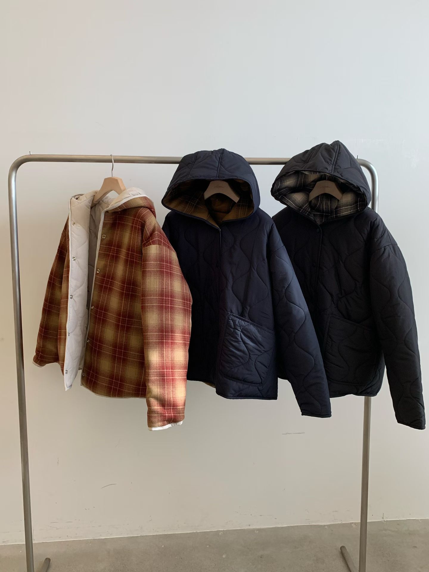 韩国东大门2025冬季新品cobalt blue百搭连帽格子棉服双面外套