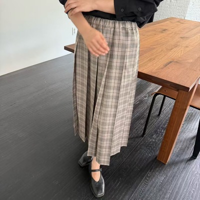韩国东大门正品2025秋冬新品collected 松紧腰格子百褶半身裙