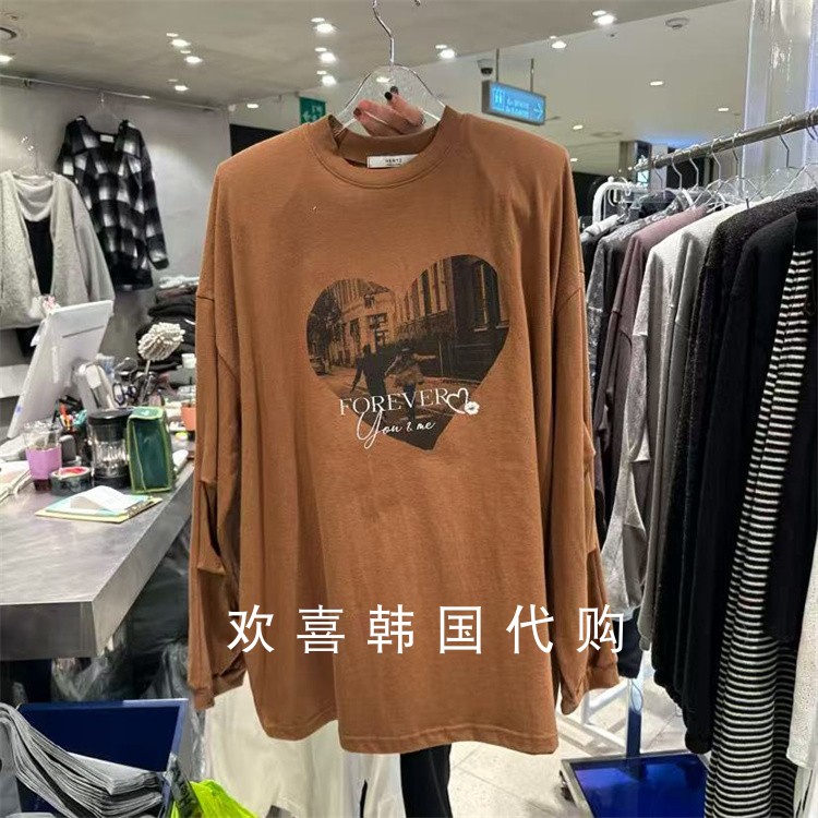 韩国东大门2025冬季新品hertz简约休闲百搭爱心印花宽松长袖T恤